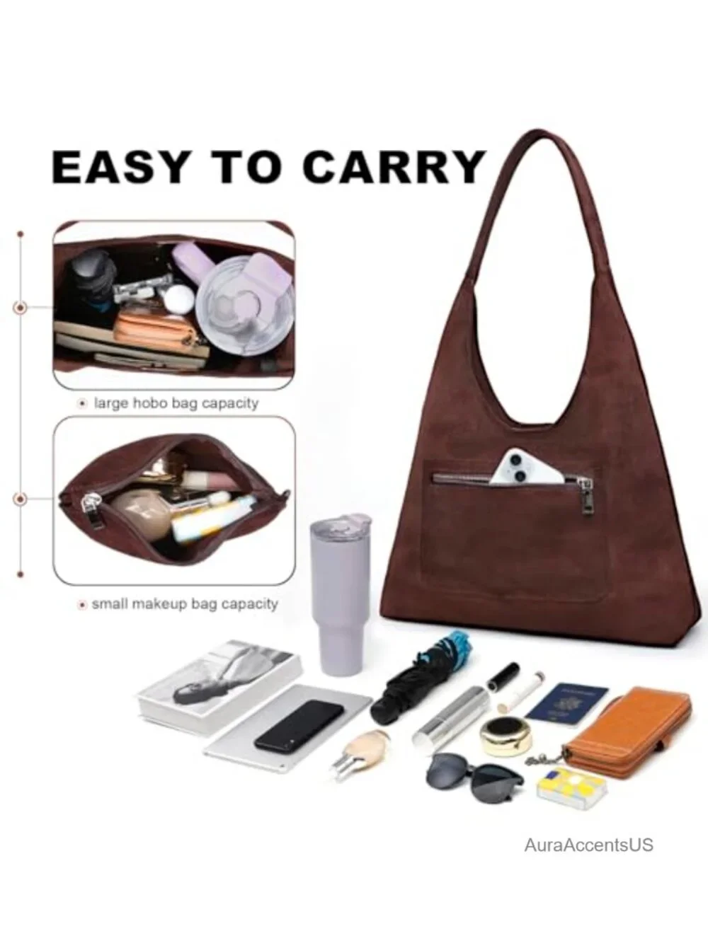 Vegan Leather Hobo Bag for Women Slouchy Shoulder Tote Purse with Makeup Pouch